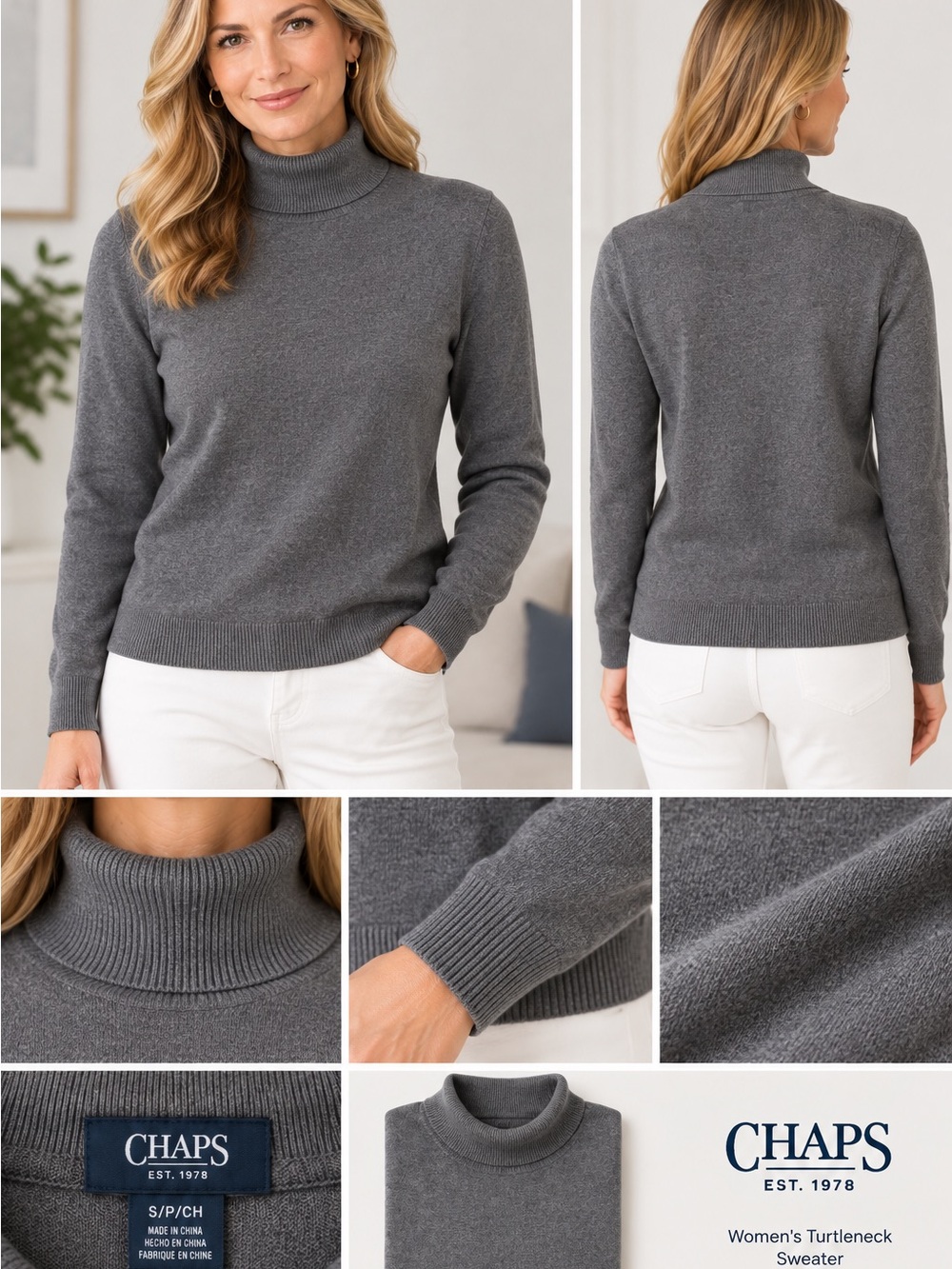 Chaps Women’s Gray Turtleneck Sweater - Classic Knit Small New